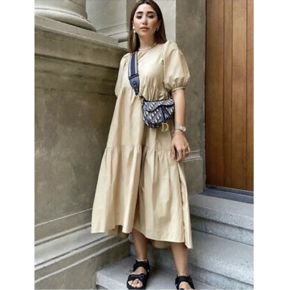 BLOGGERS FAVE Zara Asymmetric Puff Sleeves Tiered Poplin Midi Dress SZ Small - Picture 11 of 16